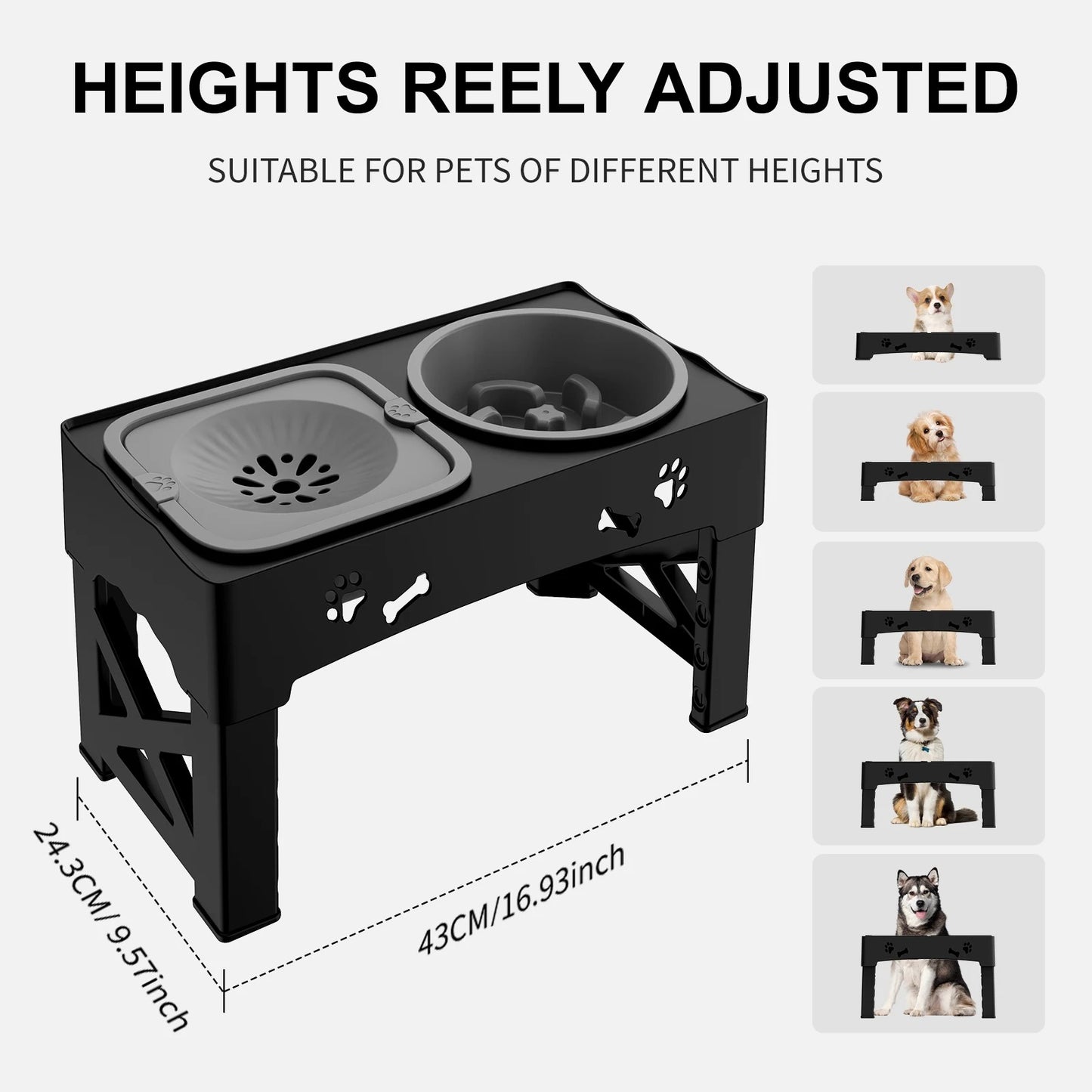 PetComfort 3-in-1 Feeder – Adjustable Dual Slow-Feed Bowls with Foldable Stand and Height Options