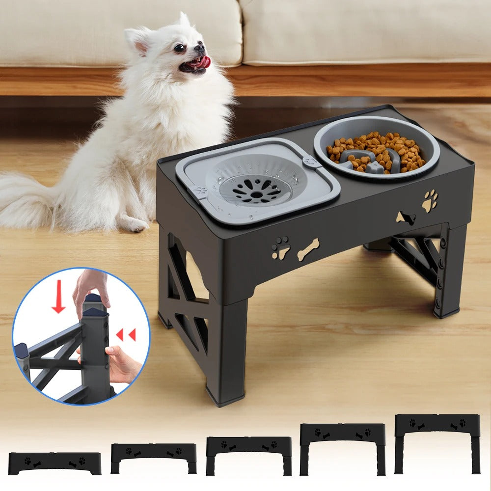 PetComfort 3-in-1 Feeder – Adjustable Dual Slow-Feed Bowls with Foldable Stand and Height Options