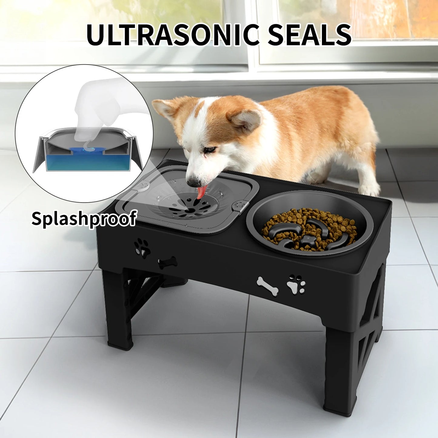 PetComfort 3-in-1 Feeder – Adjustable Dual Slow-Feed Bowls with Foldable Stand and Height Options