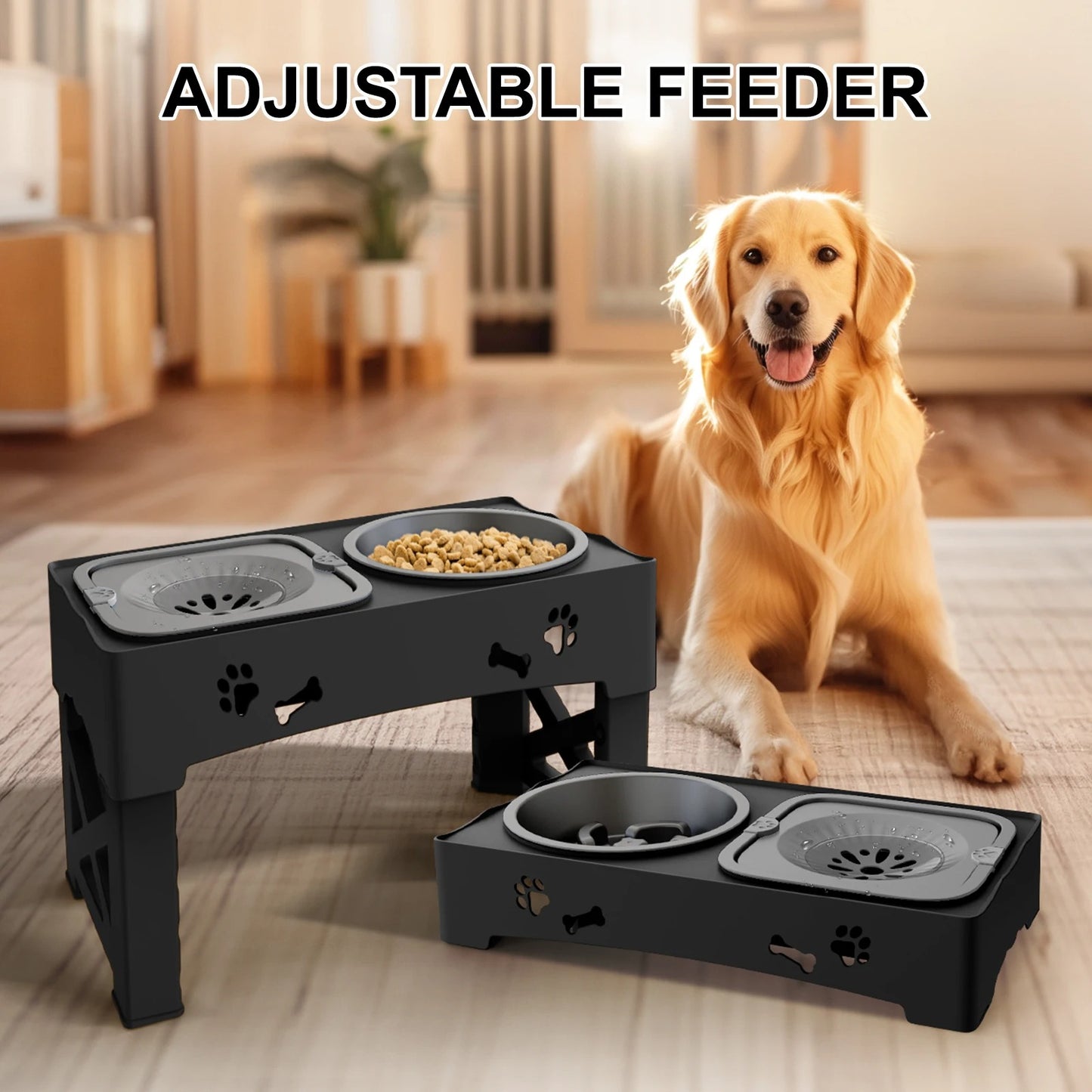 PetComfort 3-in-1 Feeder – Adjustable Dual Slow-Feed Bowls with Foldable Stand and Height Options